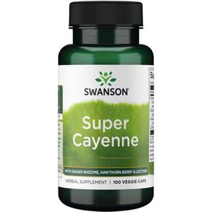 Swanson - Super Cayenne / Cayennepeper (Capsicum annuum) - 90.000 HGU - Gemberwortelstok (Zingiber officinale), Meidoornbes (Crataegus oxyacantha) & Lecithine - 100 Vegentarische Capsules