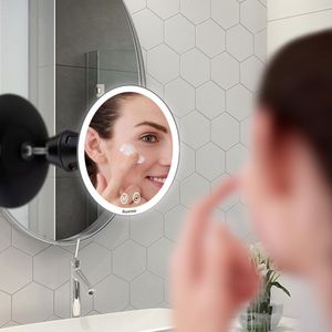 Make-up Spiegel LED Verlicht met 10X Vergroting en Zuignap, Make-up Spiegel voor Thuis en Onderweg, 360° Draaibaar, 3 Lichtkleuren en Dimbare Helderheid, Oplaadbaar, Zwart