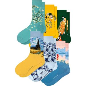 Kunst sokken - Hemelse Harmonieen 6-pack: van Gogh, Klimt, Monet, Delfts Blauw - Sokken Heren 41 46 - Sokken Dames 36 40 - Biologisch Katoenen Sokken - funny socks happy - Vrolijke Sokken - Grappige Sokken - Sokken Cadeau