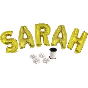 Folie ballonset goud met letters SARAH 41 cm + geschenklint 10m met 4 witte strikken