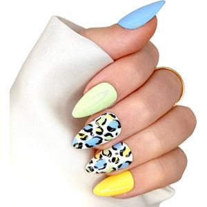 SD Press on Nails - B-218 - Plaknagels - Nagelset 20 Nagels - Pastel Leopard - Gellak - Nagellak - Kort Stiletto - Nepnagels met Lijm - Kunstnagels - Nail Art - Handmade - Valse nagels - Nagelvijl - Accessoires - Stiletto Nagels