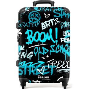 NoBoringSuitcases.com® - Koffer groot - Rolkoffer lichtgewicht - Street art kunstwerk met blauwe teksten - Reiskoffer met 4 wielen - Grote trolley XL - 20 kg bagage