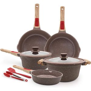 Keramische Potten en Pannen Set Nonstick, 9-Delige Gietijzeren Aluminium Keuken Kookgerei Set met Deksel/Koekenpannen en Steelpannen met Afneembaar Handvat, PTFE & PFOA Vrij - Bruin