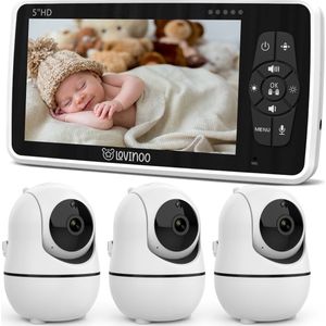 Lovinoo Babyfoon - Babyfoon met 3 Camera's – Baby Monitor - Hondencamera - Huisdiercamera - Op Afstand Bestuurbaar - Temperatuursensor - Uitbreidbaar Tot 4 Camera's - Terugspreekfunctie - Video & Audio – Baby Camera - 5.0 Inch Scherm