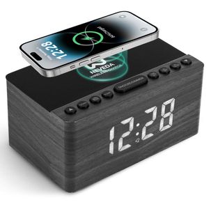 Neveda Digitale Wekkerradio Met Draadloze Oplader Telefoon - Wekkers digitaal op netstroom - Klokradio Slaapkamer - Voor kinderen & Volwassenen - Grijs Houtlook