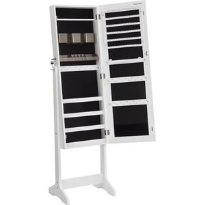 Staande Spiegelkast met 2 Aparte Make-up Organizers Frameless Full Body Mirror Lockable for Necklaces Earrings Makeup White