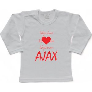Amsterdam Kinder t-shirt Lange Mouw | ""Mijn hart klopt voor AJAX | Verjaardagkado | verjaardag kado | grappig | jarig | Amsterdam | AJAX | cadeau | Cadeau | Wit/rood | Maat 68