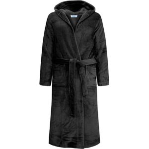 Unisex Badjas Extra Lang met Capuchon en Ceintuur - Superzacht Fleece - Heren Dames - Zwart - Maat L/XL - 8210