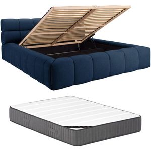 PASCAL MORABITO Bed met opbergruimte 160 x 200 cm - Stof - Donkerblauw + matras - FORVIK II van Pascal Morabito L 204 cm x H 95 cm x D 255 cm