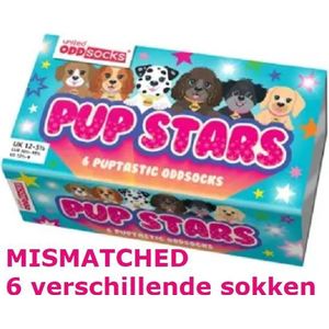 Mismatched kinder sokken - Cadeaudoos met 6 honden sokken - Pup Stars - maat 30,5 tot 38