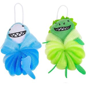 NTB Bad- en douche Puff Spons- voor kinderen - Voordeelset 2 stuks: Haai + Dinosaurus - Afmeting: 20 x 10 x 5 cm.