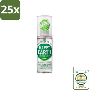 25 x Happy Earth – Deodorant Spray – 100% Natuurlijk Unscented – 100 ml - Grootverpakking - 100% Natuurlijk - Geurloos - Hypoallergene Deodorant - Natuurlijke Mineralen - Biologische Aloë Vera