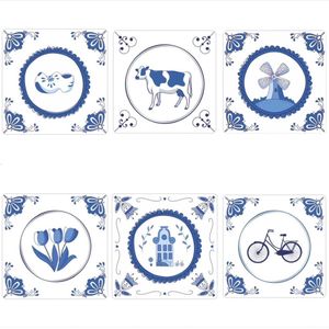 30 Delfts Blauw Stickers - Etiketten - Sluitstickers - Klomp - Koe - Molen - Tulpen - Grachtenpandje - Fiets - 40x40 mm - Blauw - Wit