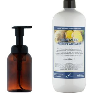 Zeepdispenser 300 ml amber bruin hervulbaar + 1 liter Handzeep Fresh Ginger navulling