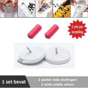 2 paar witte platte elastische veters met pastel rode sluitingen. Je hoeft voortaan nooit meer je veters te strikken.