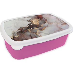 Broodtrommel Roze - Lunchbox - Brooddoos - Rood - Marmer - Goud - 18x12x6 cm - Kinderen - Meisje