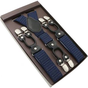 Luxe chique bretels - donkerblauw stip wit - Sorprese - zwart leer - 6 stevige clips - heren - unisex