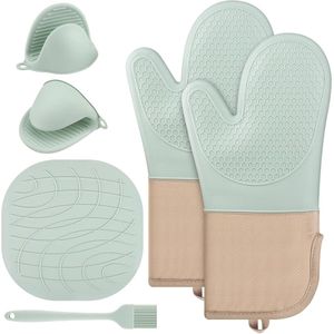 Hittebestendige Ovenhandschoenen - Anti-pannenhandschoenen - set van 6 - mintgroen - katoen en siliconen