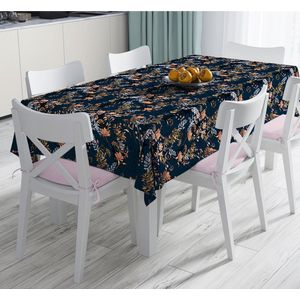 Tafelkleed 135x220 - Bedrukt Velvet textiel - Bloemen op donkerblauw - Fluweel - De Groen Home
