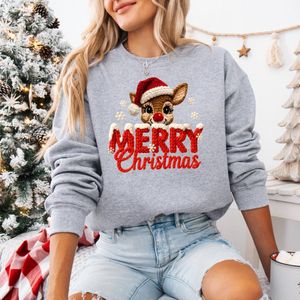 Grijze Kersttrui Maat S- Merry Christmas- Lijkt gehaakt- kerst hert- dames kerst sweater.