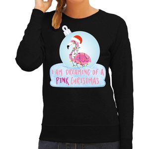 Flamingo Kerstbal sweater / kersttrui I am dreaming of a pink Christmas zwart voor dames - Kerstkleding / Christmas outfit XS