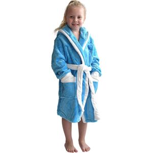 Badjas capuchon aqua blauw - fleece badjas kind - ochtendjas kind - warm & zacht - meisje & jongen - Badrock - maat (9-10jaar) 134/140