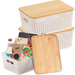 Opbergdoos met bamboedeksel 3 stuks - 25 x 18 x 105 cm - stapelbaar - wit