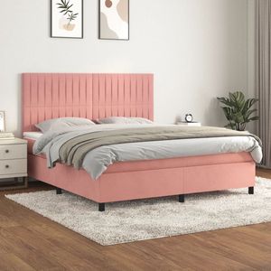 The Living Store Boxspringbed - fluweel - roze - 160x200x118/128 cm - verstelbaar hoofdbord - pocketvering matras - middelharde ondersteuning - huidvriendelijk topmatras
