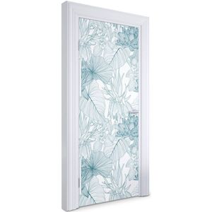 Wallfluent Deursticker - Bloemenpatroon Deur plakfolie - 85 x 205 cm - Turkoois Deurbehang Sticker - Moderne Deur Sticker - Bloemen en planten Deurbehang - Deursticker voor de Woonkamer - Deurfolie