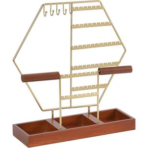 Sieradenstandaard zeshoekige sieradenboom - Gouden - Dieren oorbelhouder - 7 oorbelorganizer - Houten armbandstandaard op sokkel - Sieradenopslag met kettingen