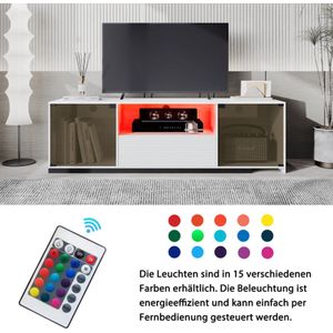Lang TV-meubel met LED-verlichting en schuifdesign voor een 60 inch TV, marmer geaderd tafelblad en elegant glasdesign, met 2 deuren, 1 lade en 1 open vak