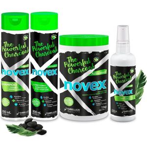 Novex The Powerful Charcoal Shampoo + Conditioner 10.1oz + Mask 35.3oz +Spray 8.5oz