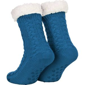 Huissokken Dames en Heren - Blauw - Anti Slip Sokken - One Size - Dikke - Winter - Fleece - Fluffy - Verwarmde - Slofsokken - Bedsokken - Gevoerde Sokken - Cadeau voor hem haar - Valentijn