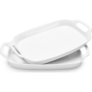Porcelain Serving Plate, 39 x 25 cm. Large White Serving Tray with Handles, Serving Plate Rectangular for Food, Appetizers, Cakes, for Restaurants, Entertainment, Party, 2 Pack