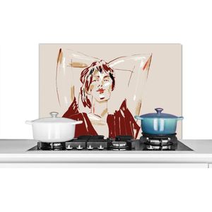 Spatscherm keuken 80x55 cm - Kookplaat achterwand Portret - Vrouw - Rood - Abstract - Muurbeschermer - Spatwand fornuis - Hoogwaardig aluminium
