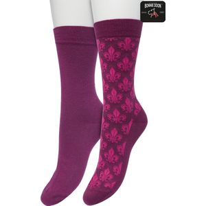 Bonnie Doon Dames Sokken set Donker Paars maat 36/42 - 2 paar - Effen - Lelie Bloem - Print - Gladde Naden - Brede Boord - Uitstekend Draagcomfort - 2-pack - Multipack - Effen - Fleur de Lis - Paars/Roze - Crushed Violets - OL221504.192