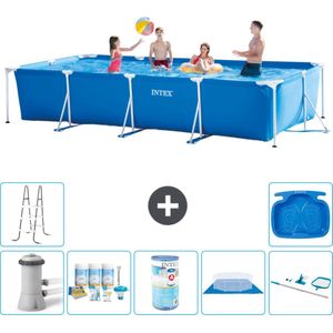 Intex Rechthoekig Frame Zwembad - 450 x 220 x 84 cm - Blauw - Inclusief Pomp Onderhoudspakket - Filter - Grondzeil - Schoonmaakset - Ladder - Voetenbad