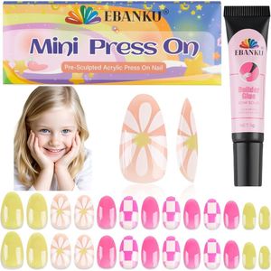 EBANKU Pack of 26 artificial nails for children aged 8 to 12 years, with jelly nail glue and nail tree glue for children, old colourful flower, further printing