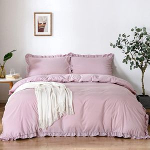 Roze beddengoed met ruches 135 x 200 cm 2-delig microvezelbeddengoed voor meisjes, bloemen met ritssluiting en kussenslopen 80 x 80 cm