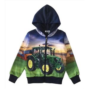 Kinder vest met tractor trekker John Deere full color print | Capuchon | Kleur blauw | Maat 134/140 | Supermooi!