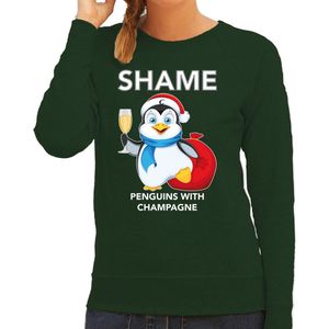Pinguin Kerstsweater / kersttrui Shame penguins with champagne groen voor dames - Kerstkleding / Christmas outfit L