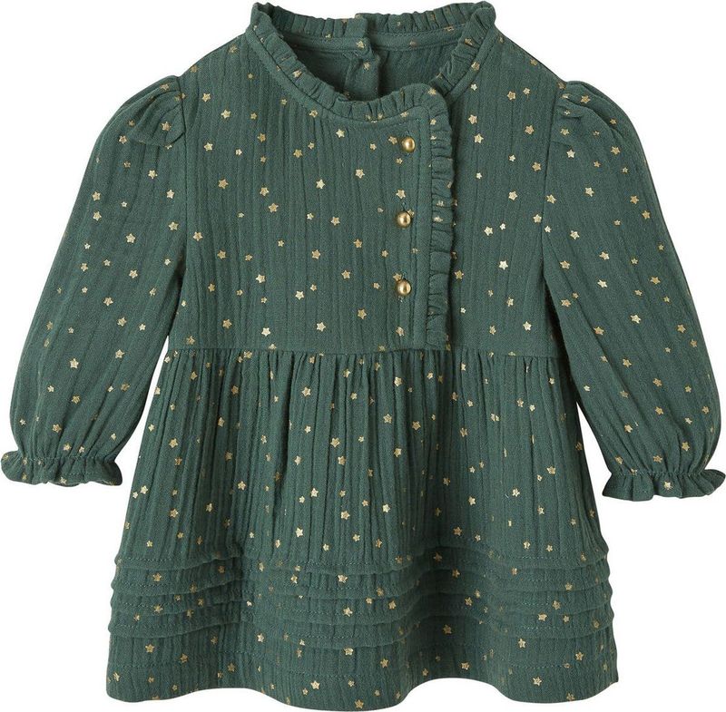 Babyjurkje - Donkergroen - Katoenen Hydrofiel Doek - Met Gouden Sterren - Ruches