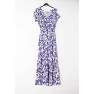 Lange dames jurk Amelia-fantasiemotief-konings blauw wit-Maat S-strandjurk