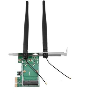 Mini PCI-E naar PCI-E adapterkaart, Mini PCI-E naar desktop PCI-E draadloze netwerkkaart, halfhoge PCI-E kaart PCI-E 1x WLAN-kaart met 2 externe 3,5 dB antennes voor laptop op desktop-pc