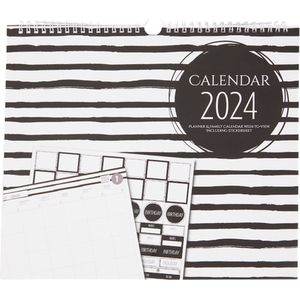 Familieplanner Black / White Stripe 2024 - Zwart / Wit - kalender - weekplanner - Inclusief stickersheet