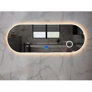 Mawialux LED Badkamerspiegel - Dimbaar - 160x60cm - Ovaal - Verwarming - Digitale Klok - Vergroot spiegel - Bluetooth - Vera
