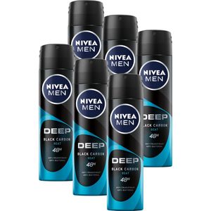 NIVEA MEN Deep Black Carbon Beat Deodorant Spray - 48 uur bescherming – Geur met houttonen - Met zwarte koolstof - Antibacterieel - 6 x 150ml - Voordeelverpakking