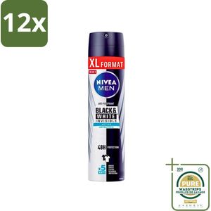 Nivea - Deospray - Men - Invisible Black & White Active - 250 ml - Voordeelverpakking - 12 stuks - 48 uur bescherming - Anti-vlekken