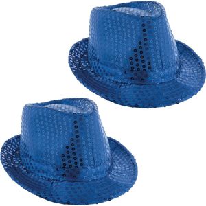 Toppers - Funny Fashion Carnaval verkleed Trilby hoedje met glitter pailletten - 2x - blauw - heren/dames