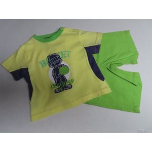 Ensemble - Jongens - T shirt geel , paars groen + korte broek groen - 12 maand 1 jaar